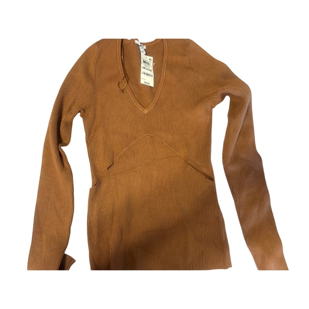 Bar III Ribble Sweater V-Neck Long Sleeve Fitted Women's Medium Brown